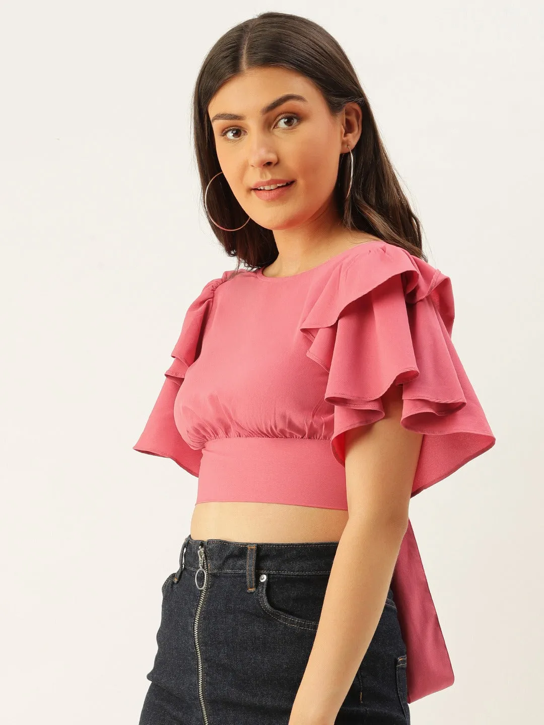 Berrylush Women Solid Rose Pink Open-Back Blouson Crop Top