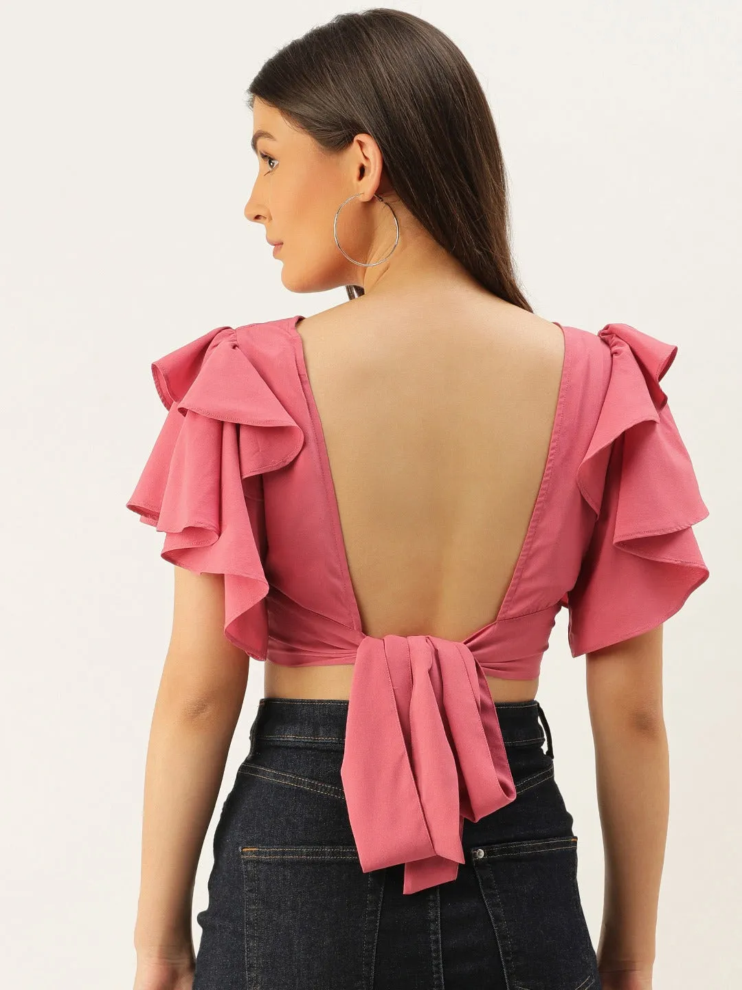 Berrylush Women Solid Rose Pink Open-Back Blouson Crop Top