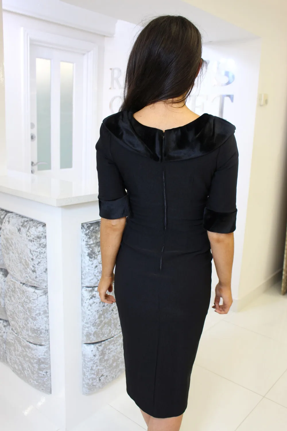 Black 3/4 Sleeve Midi Dress Faux Fur Detail