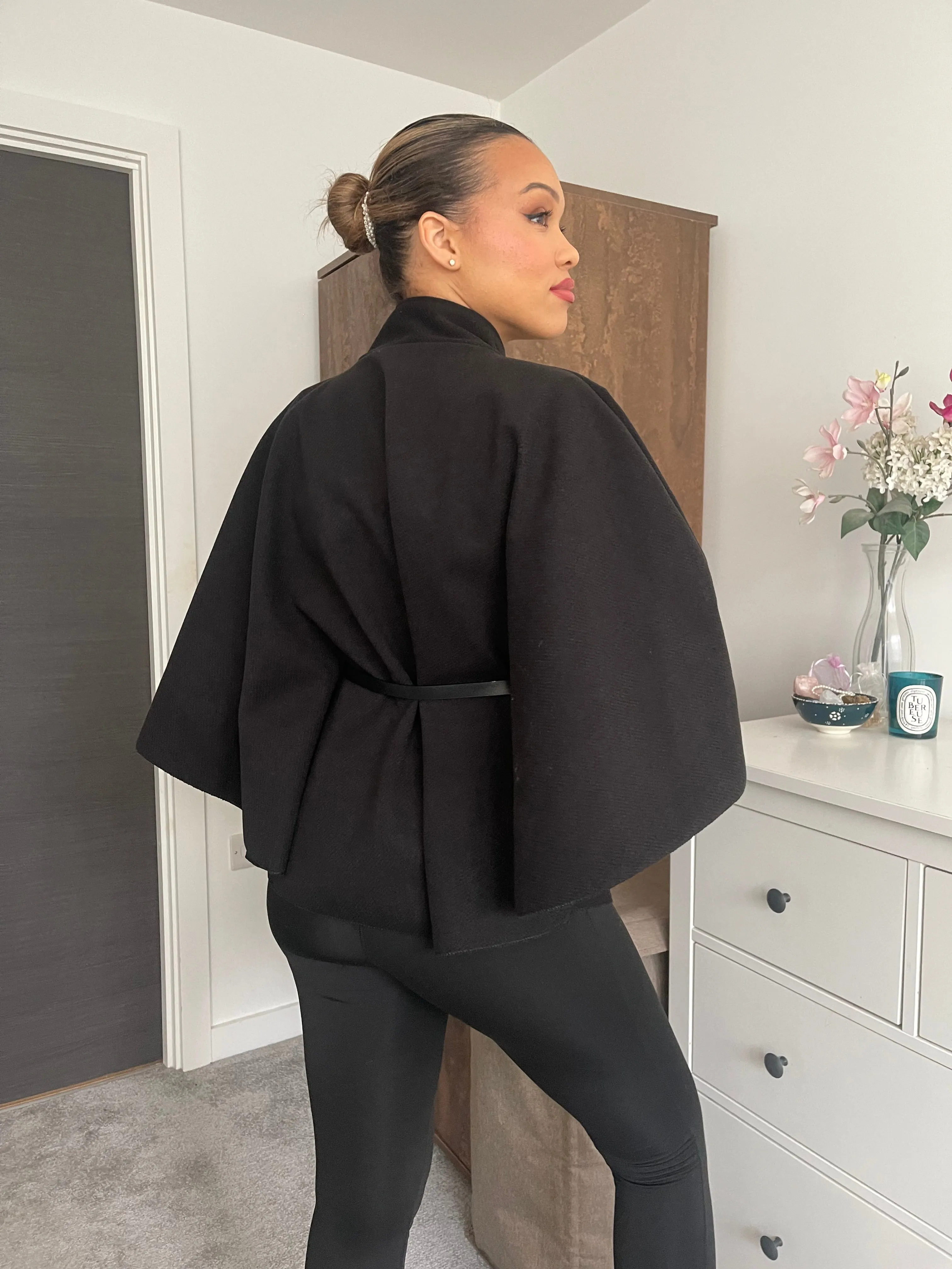 BLACK BELTED CAPE COAT