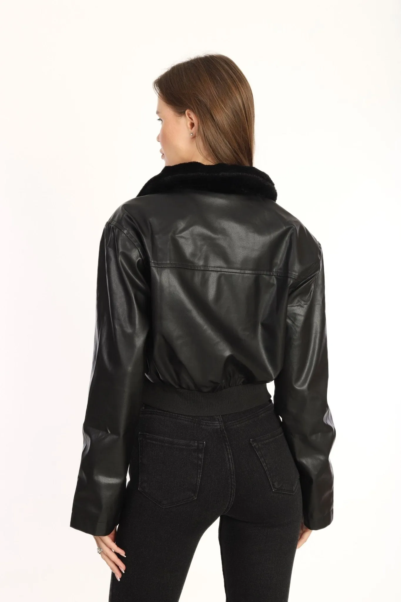 Black  Fur Collar Leather Coat