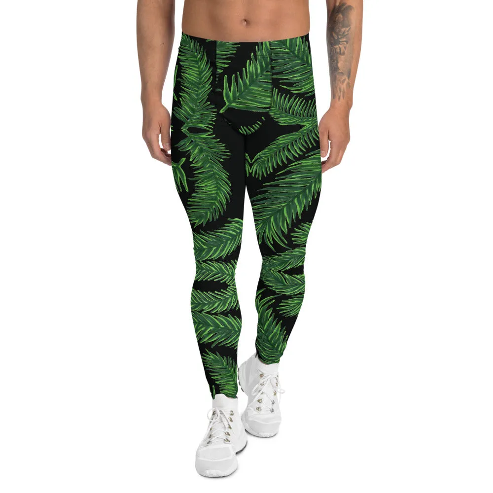 Black Tropical Leaf Men's Leggings, Palm Leaves Meggings Run Tights-Made in USA/EU