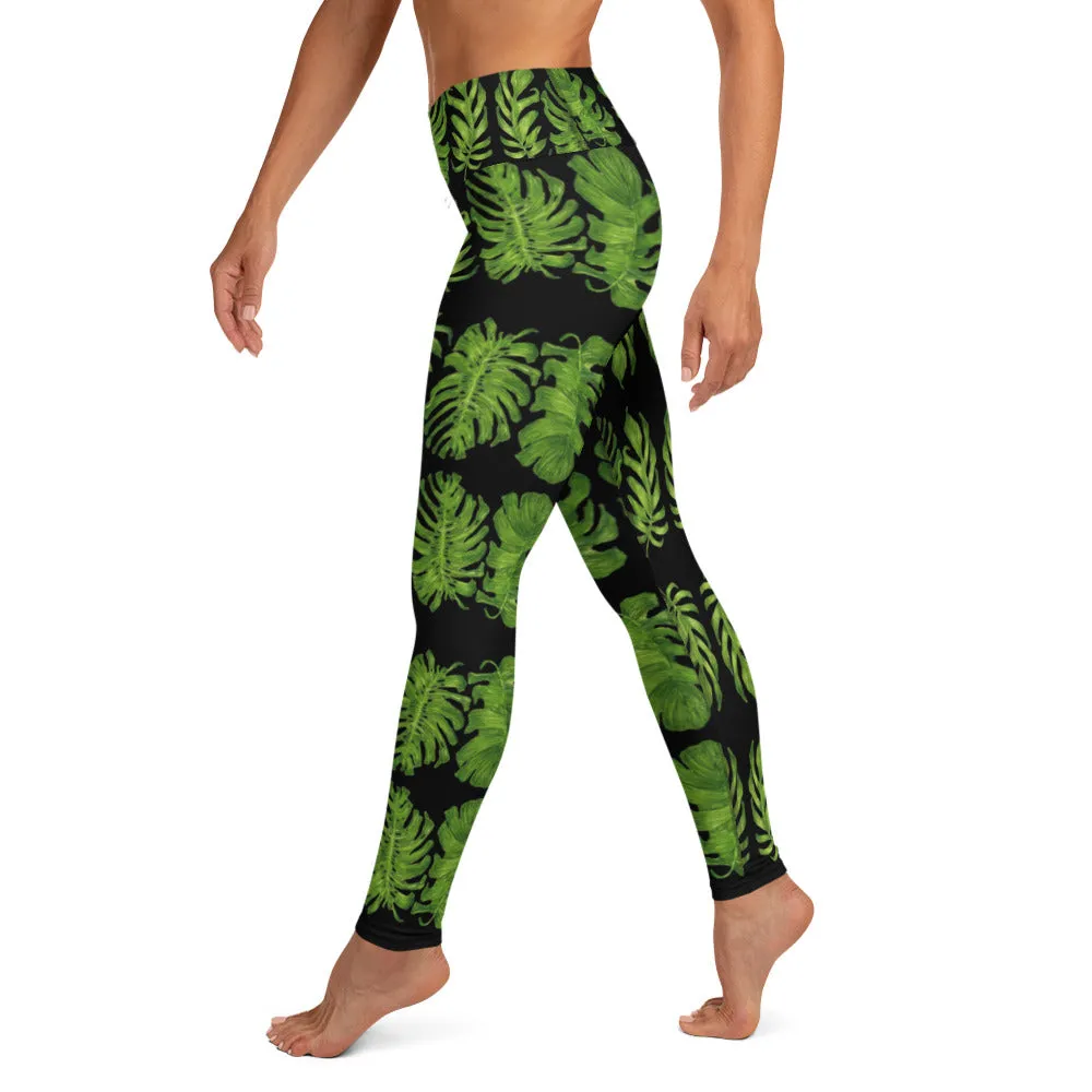 Black Tropical Leaf Yoga Leggings, Green Hawaiian Style Print Women's Tights-Made in USA/EU