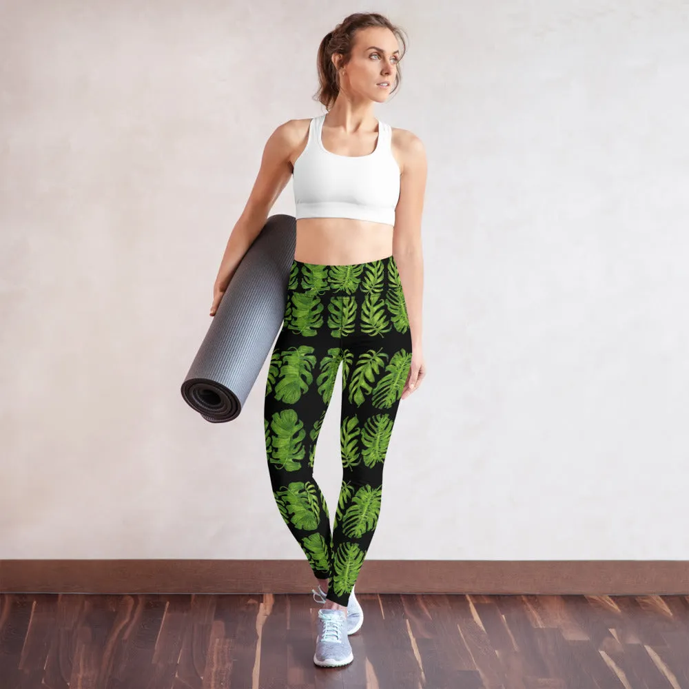 Black Tropical Leaf Yoga Leggings, Green Hawaiian Style Print Women's Tights-Made in USA/EU