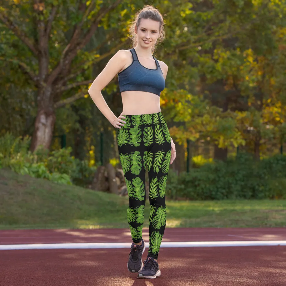 Black Tropical Leaf Yoga Leggings, Green Hawaiian Style Print Women's Tights-Made in USA/EU