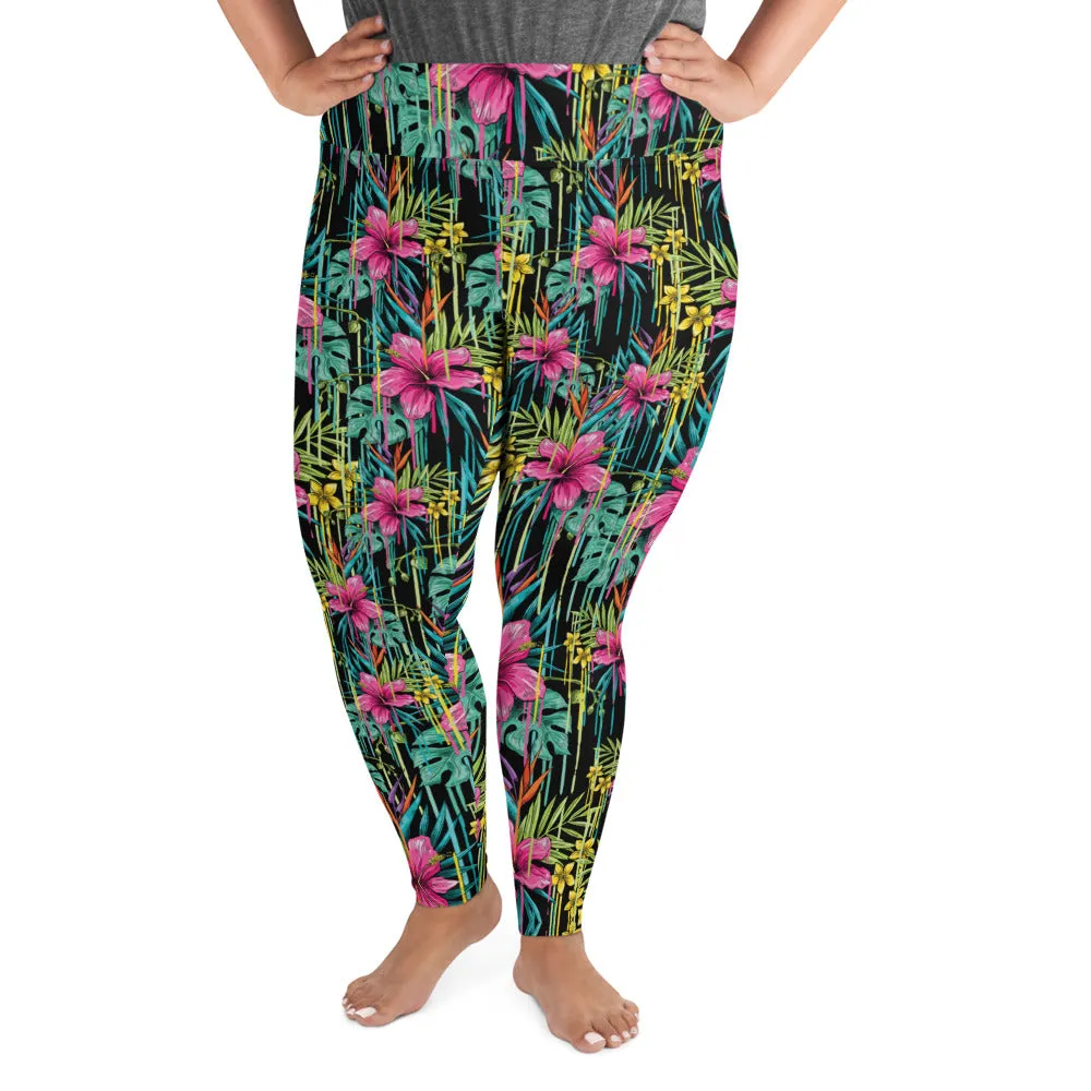 Black Tropical Plus Size Leggings, Floral Print Women's Long Yoga Tights-Made in USA/EU