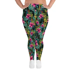 Black Tropical Plus Size Leggings, Floral Print Women's Long Yoga Tights-Made in USA/EU