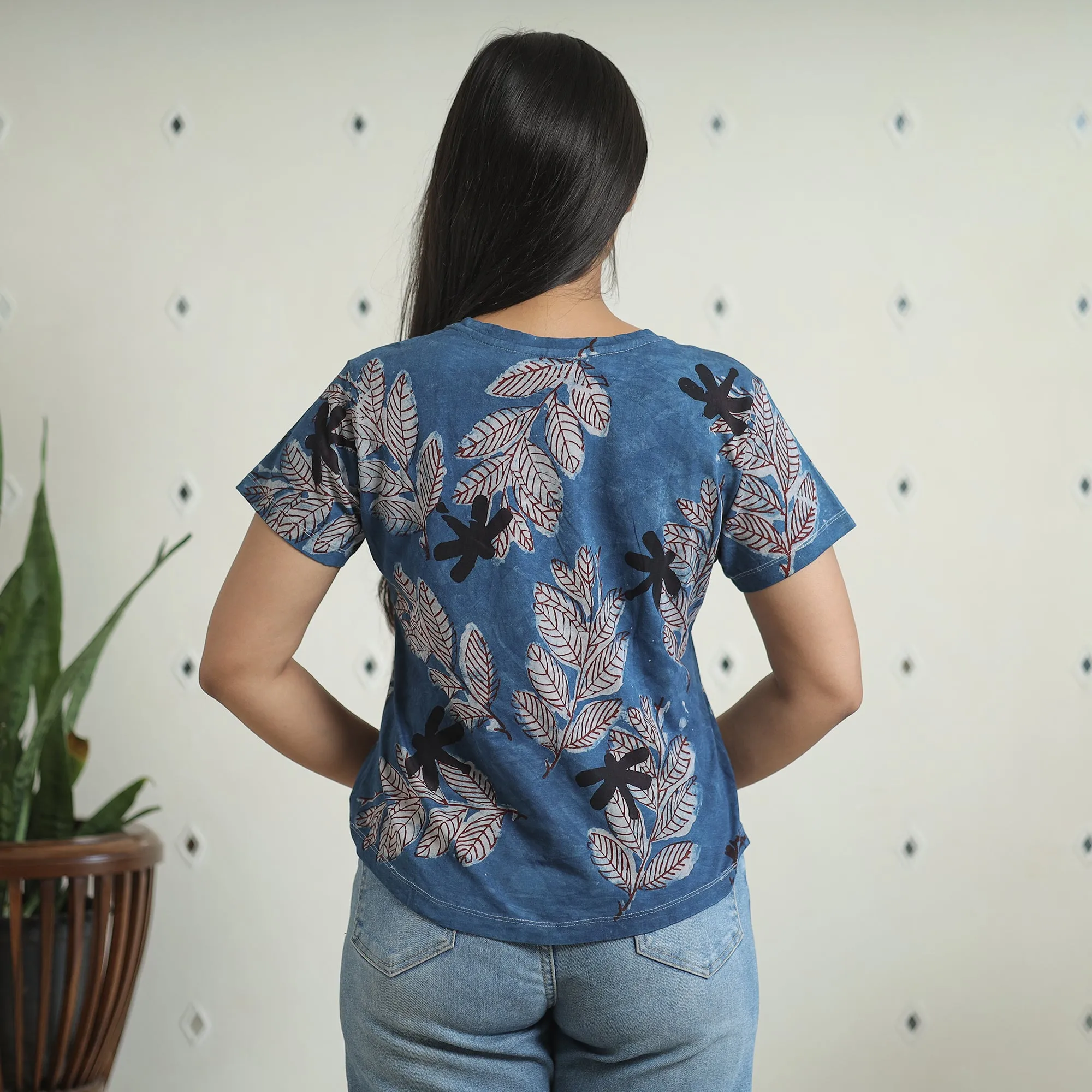 Blue - Bindaas Block Art Printed Cotton Women V Neck T-shirt 13