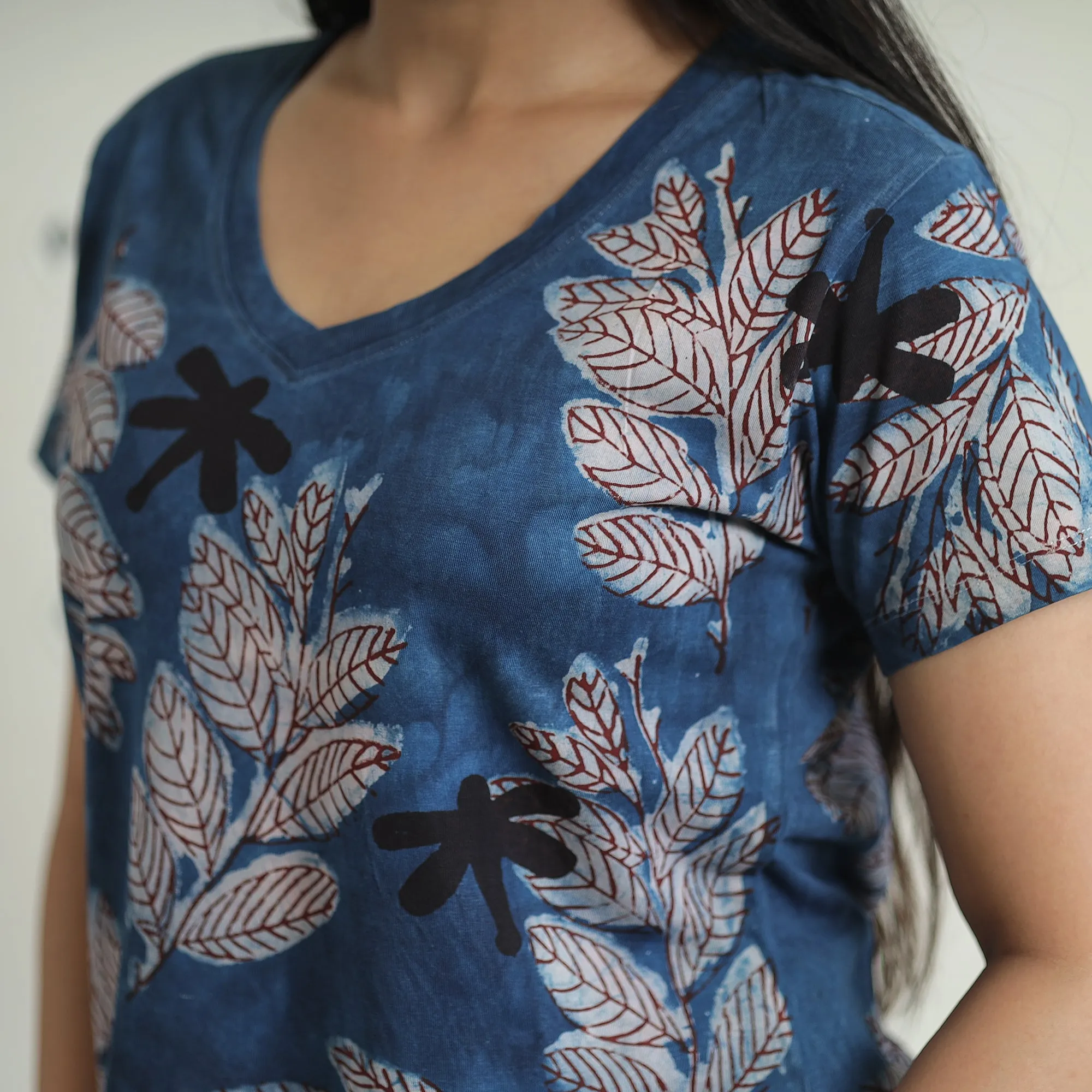 Blue - Bindaas Block Art Printed Cotton Women V Neck T-shirt 13