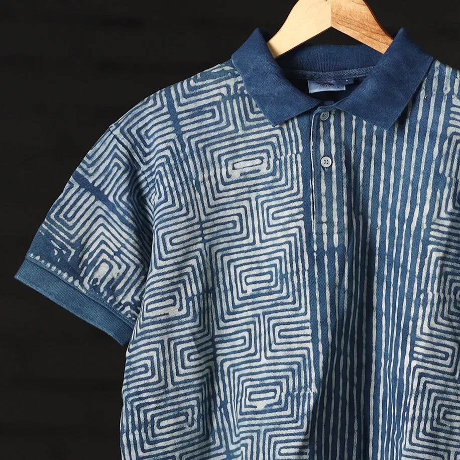 Blue - Bindaas Natural Dyed Art Block Print Polo Collar T-shirt in Cotton