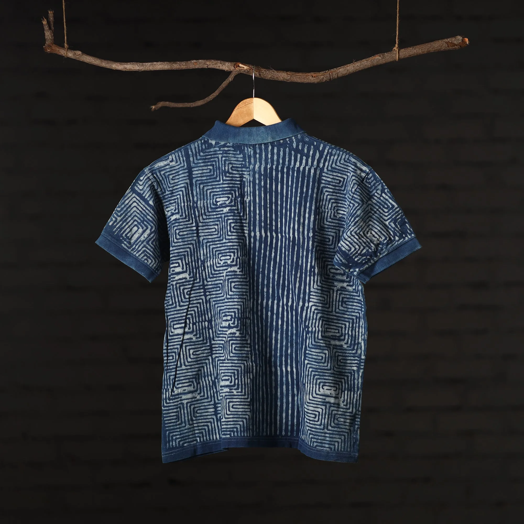 Blue - Bindaas Natural Dyed Art Block Print Polo Collar T-shirt in Cotton