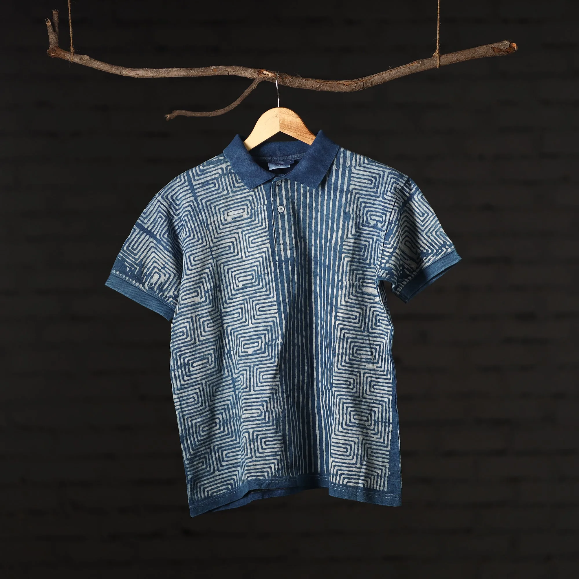 Blue - Bindaas Natural Dyed Art Block Print Polo Collar T-shirt in Cotton