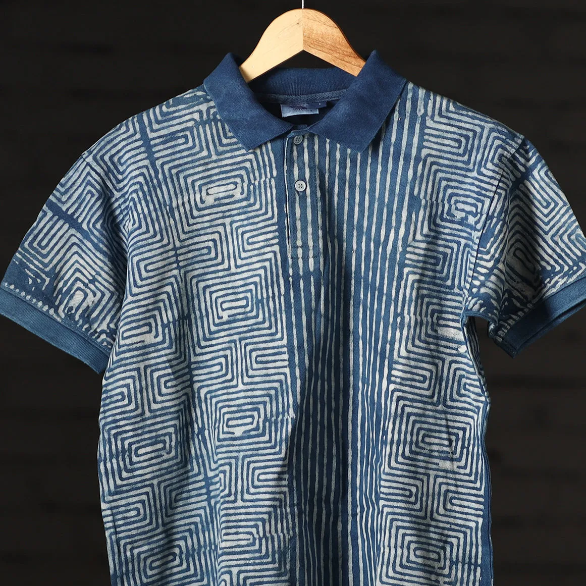 Blue - Bindaas Natural Dyed Art Block Print Polo Collar T-shirt in Cotton