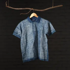 Blue - Bindaas Natural Dyed Art Block Print Polo Collar T-shirt in Cotton