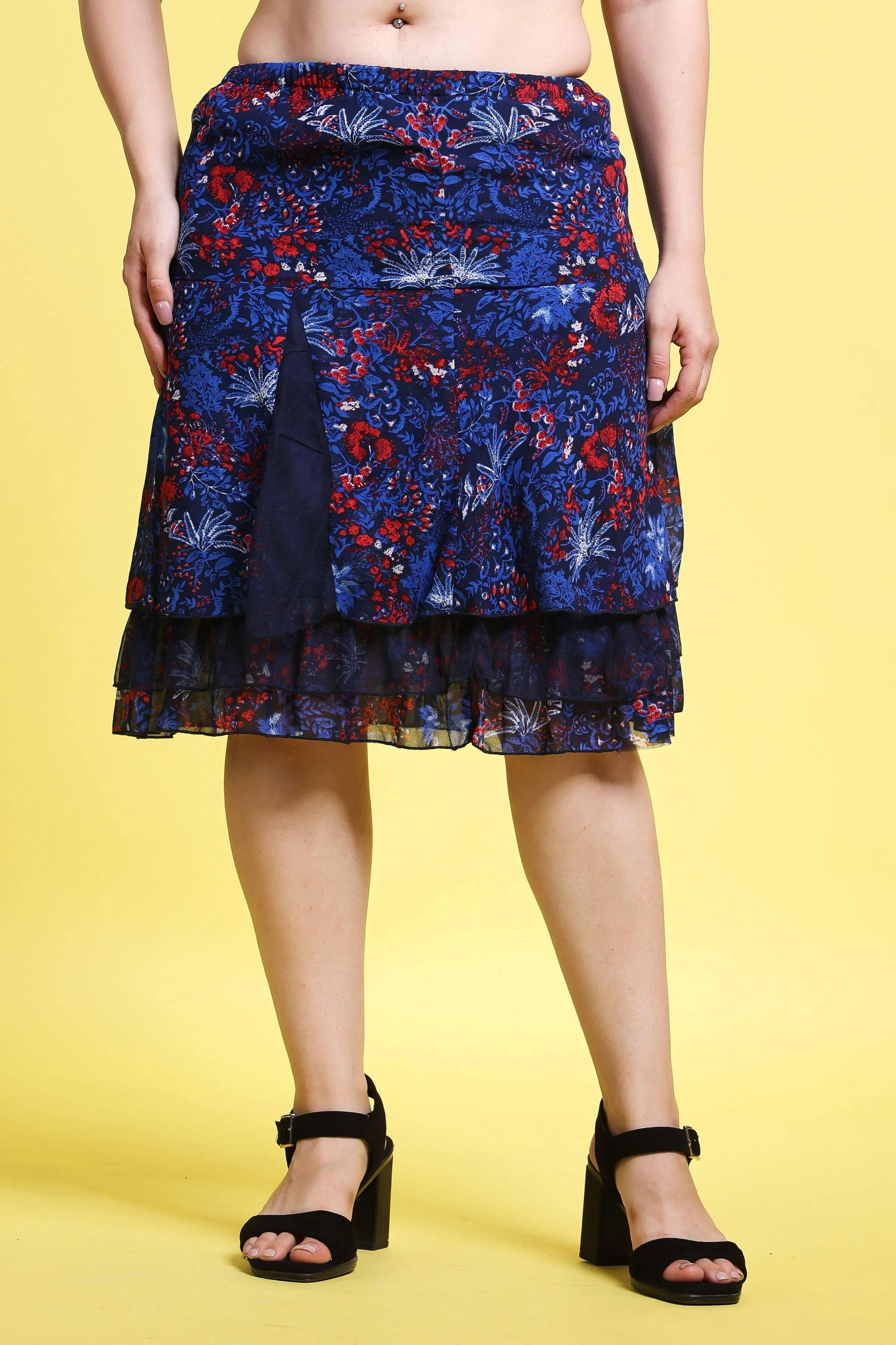 Blue Floral Printed Layered Skirt