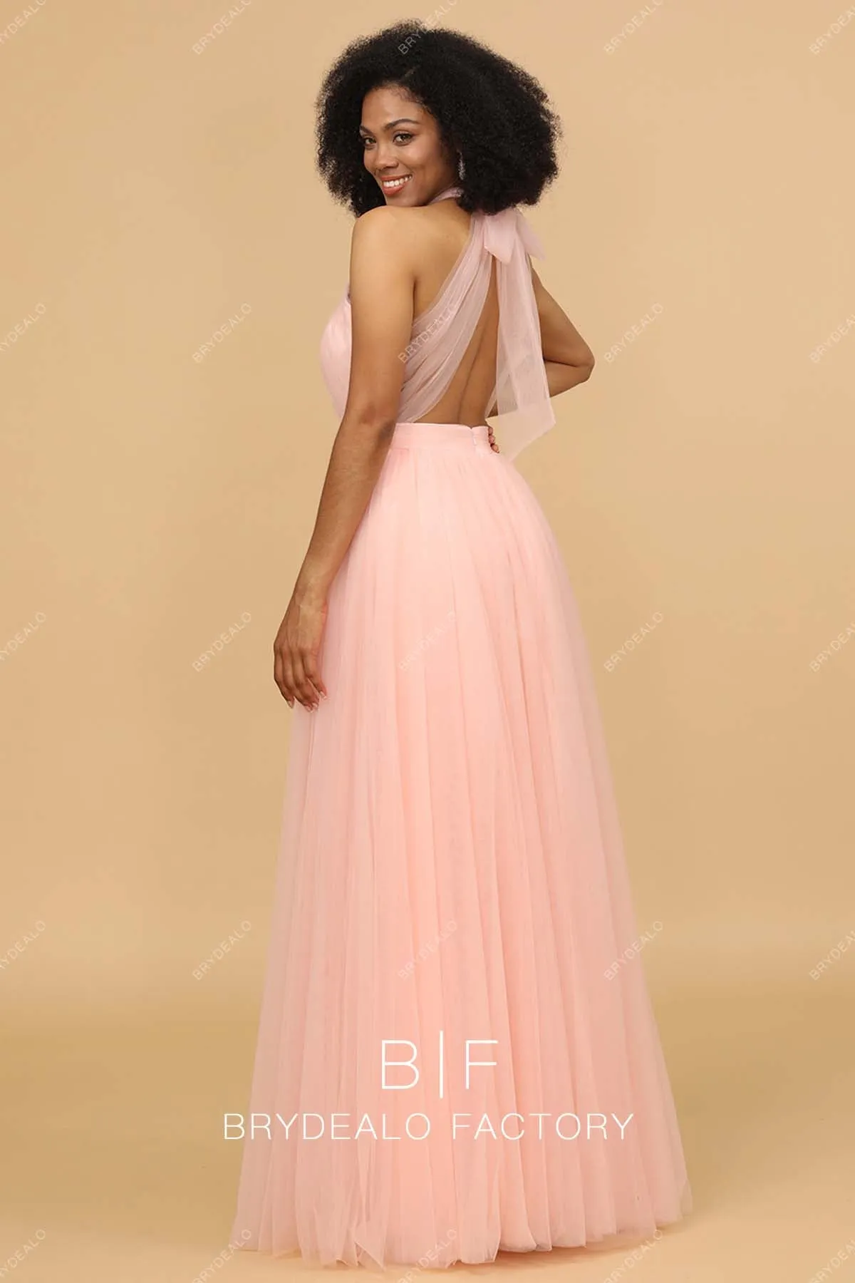 Blushing Pink Wholesale Halter Neck Tulle A-line Bridesmaid Gown