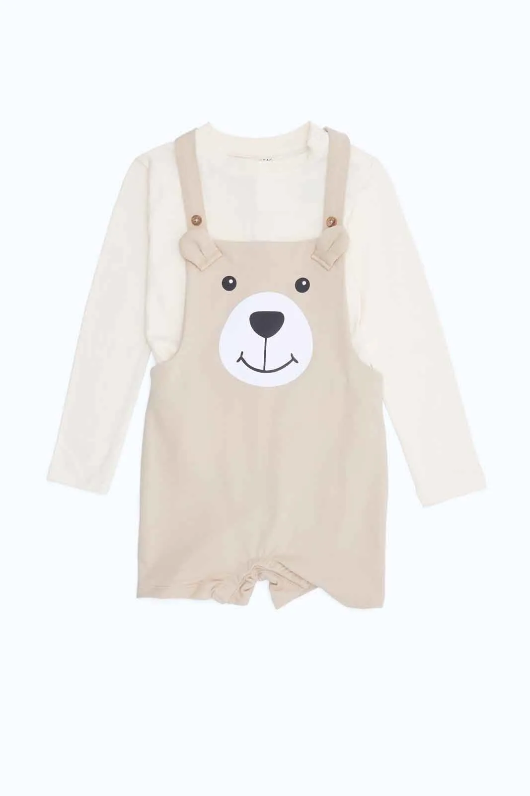 Boys Biege Bear Dungaree With Cream T-Shirt