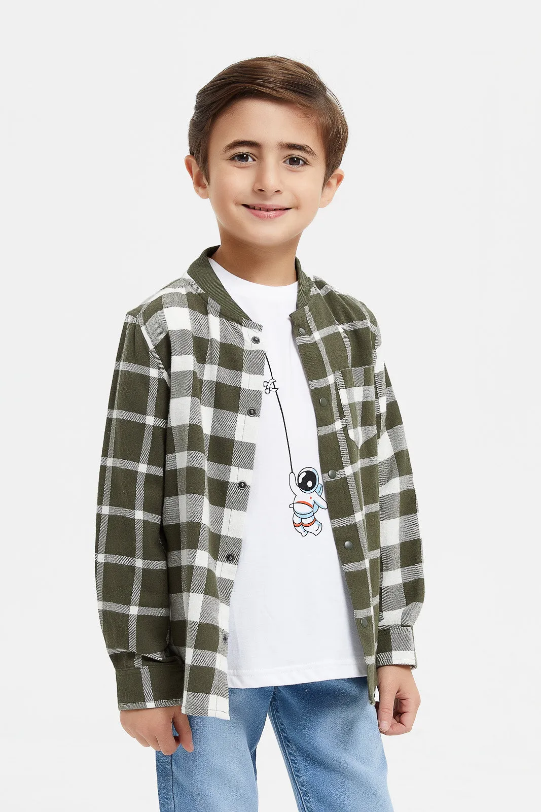 Boys Green Checkered Shirt With T-Shirt (2 Piece)