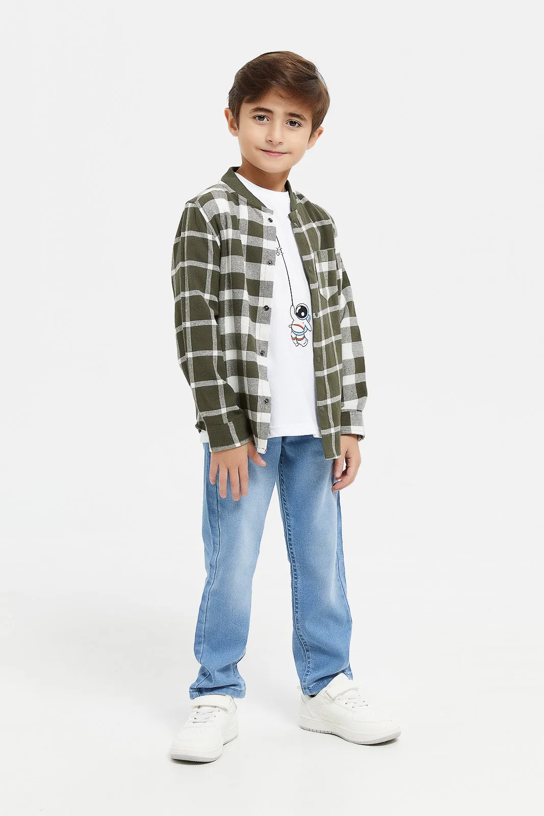 Boys Green Checkered Shirt With T-Shirt (2 Piece)