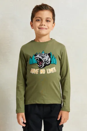 Boys Green Printed Long Sleeve T-Shirt