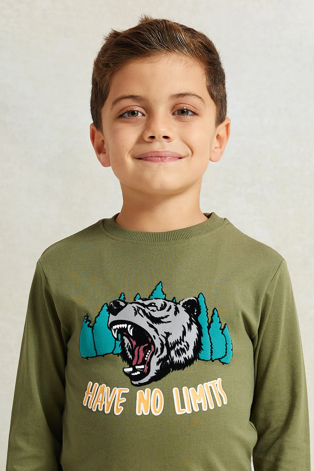 Boys Green Printed Long Sleeve T-Shirt