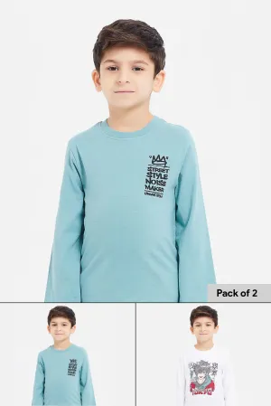 Boys Mint And White Printed T-Shirt Set (Pack Of 2)