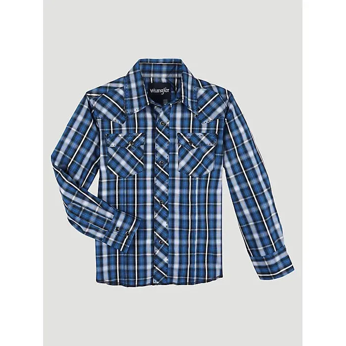 BOY'S WRANGLER LONG SLEEVE FASHION WESTERN SNAP PLAID SHIRT IN STRONG BLUE