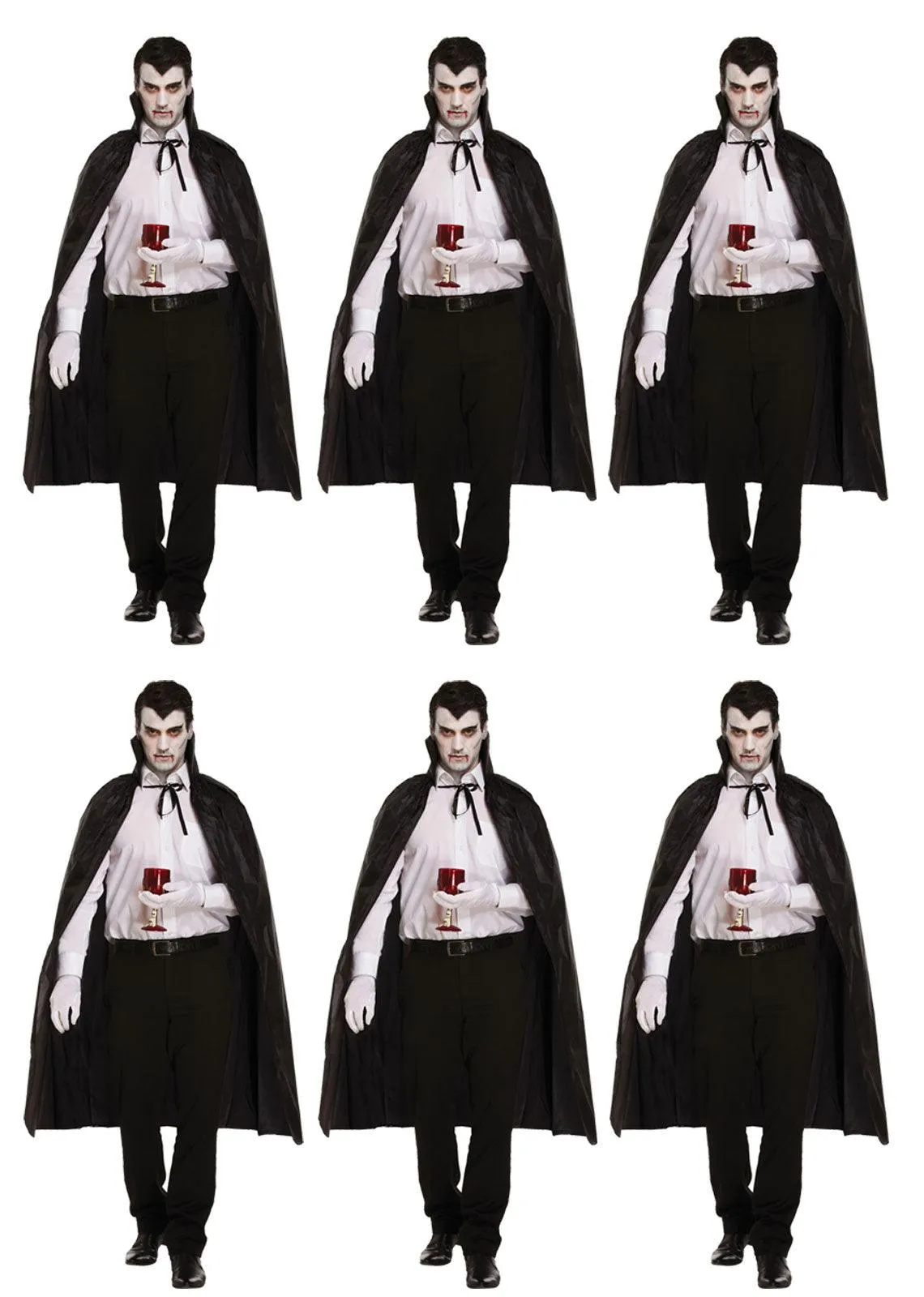 Bundle of 6 Black Dracula Long Capes with Collar - Halloween Unisex Scary Vampire Fancy Dress Costume Accessories