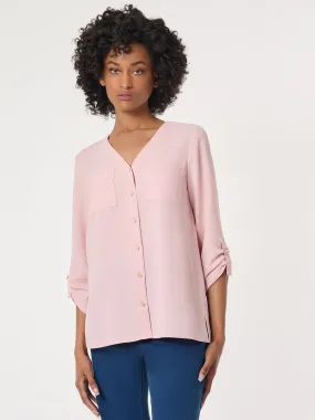 Button-Front Collarless Tunic, Crepe De Chine