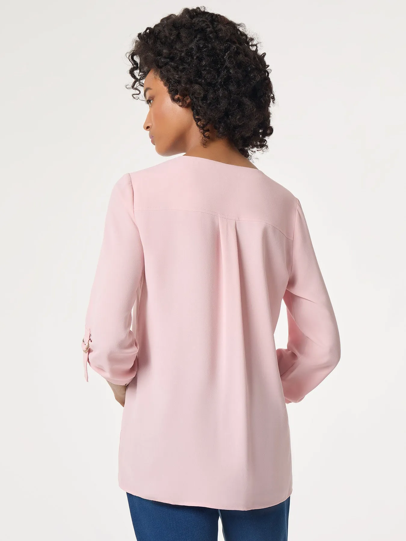 Button-Front Collarless Tunic, Crepe De Chine