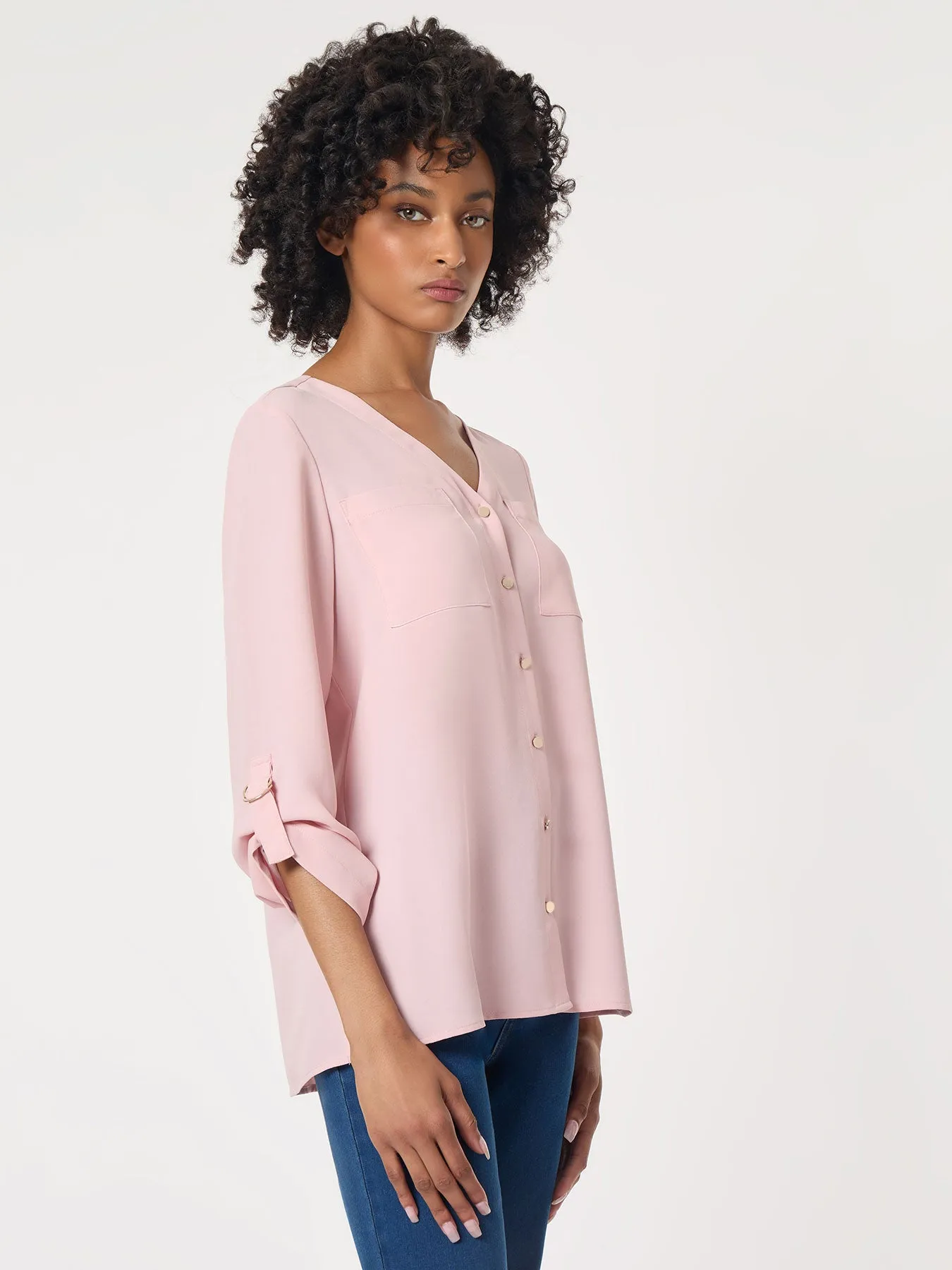 Button-Front Collarless Tunic, Crepe De Chine