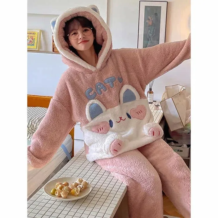 Cartoon Cat Letter Embroidery Hooded Pajamas Set