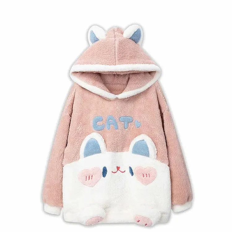 Cartoon Cat Letter Embroidery Hooded Pajamas Set