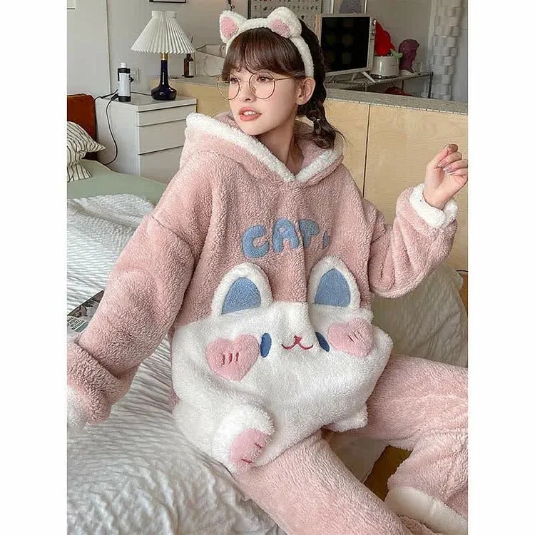 Cartoon Cat Letter Embroidery Hooded Pajamas Set