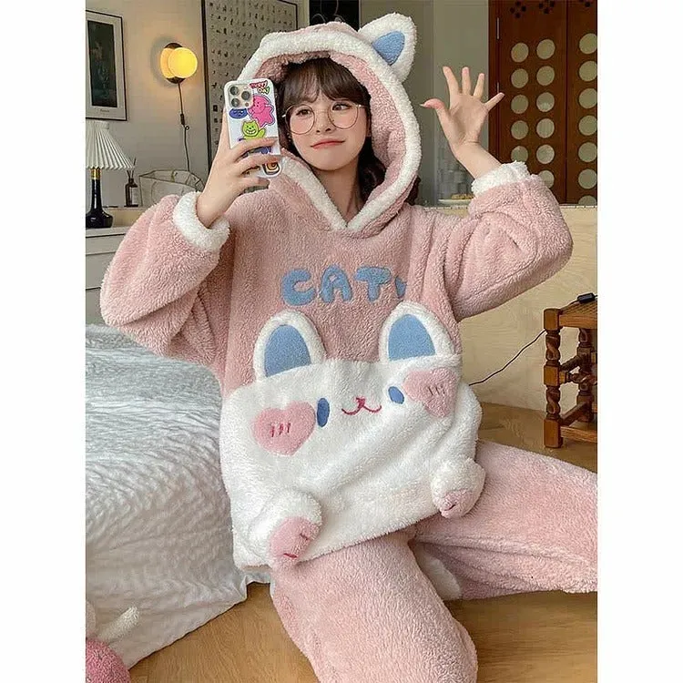 Cartoon Cat Letter Embroidery Hooded Pajamas Set