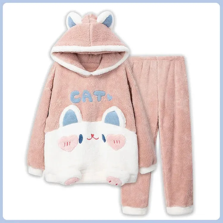 Cartoon Cat Letter Embroidery Hooded Pajamas Set