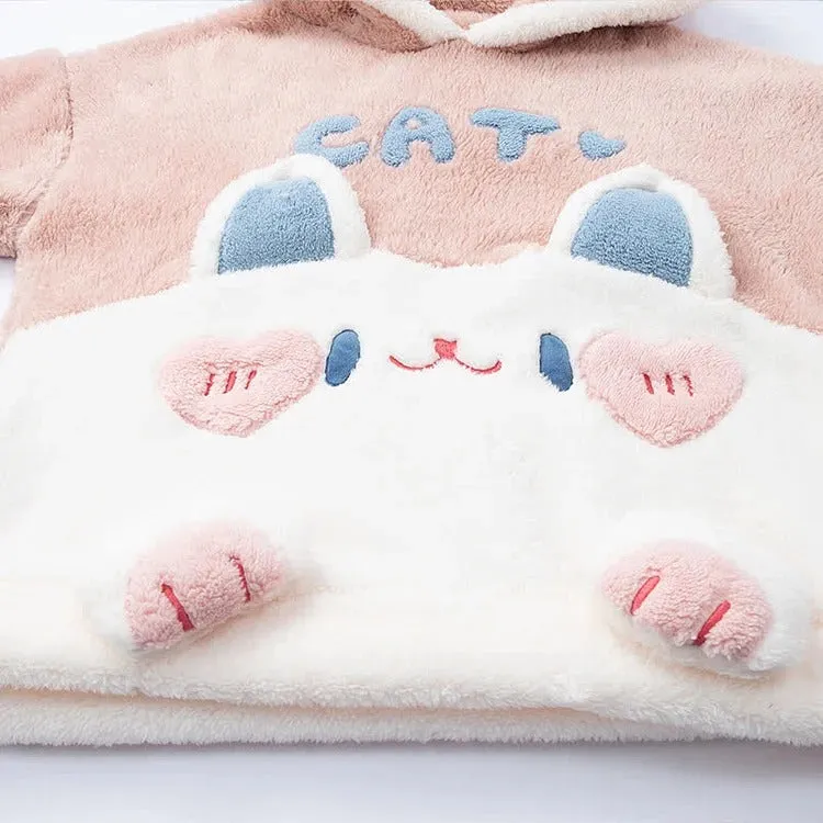 Cartoon Cat Letter Embroidery Hooded Pajamas Set