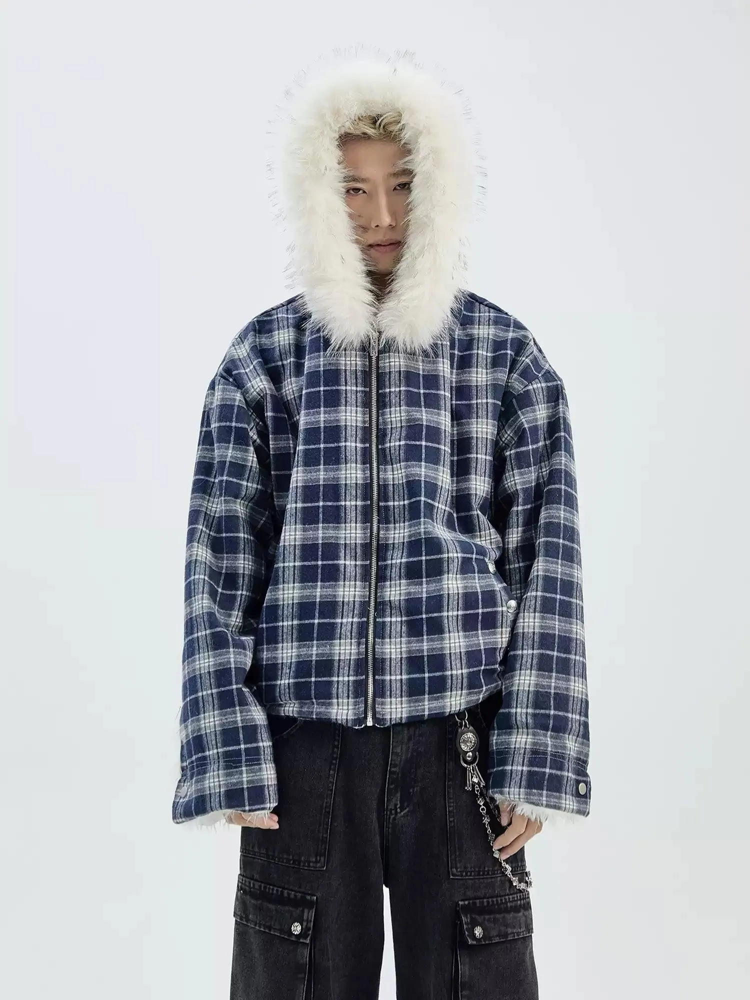 Checked Fur Collar Hooded Jacket