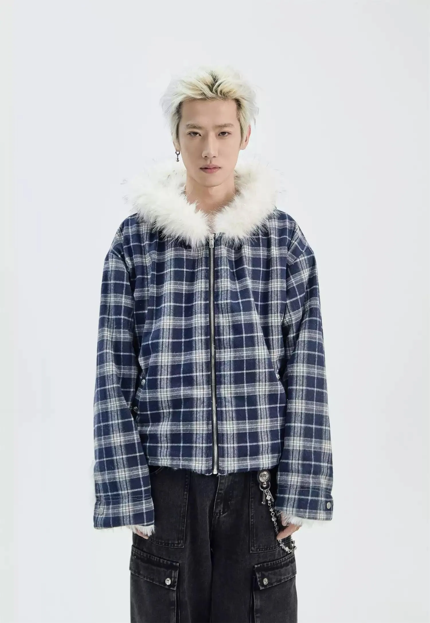 Checked Fur Collar Hooded Jacket