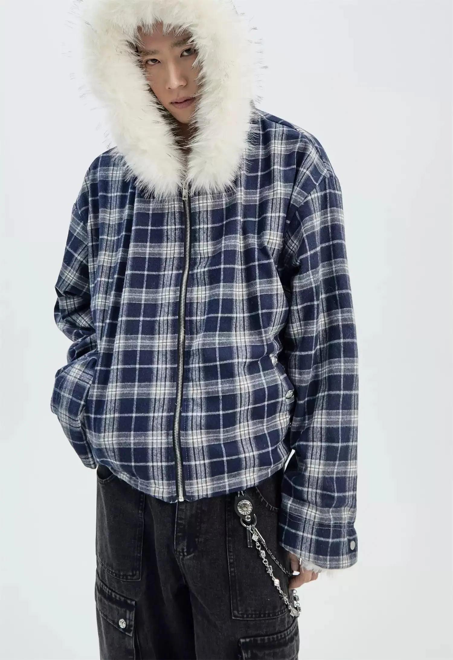 Checked Fur Collar Hooded Jacket