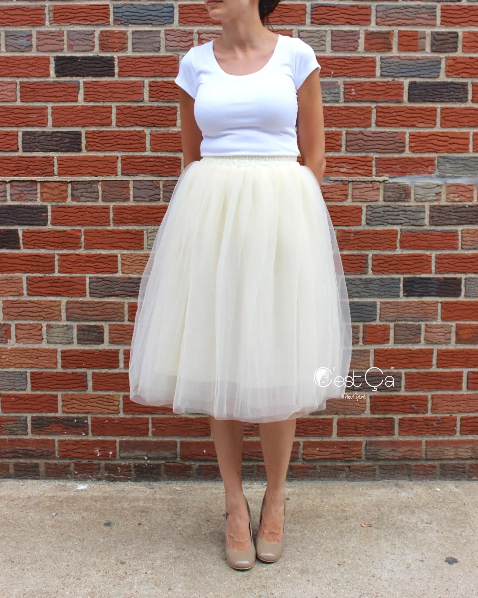 Claire Champagne Soft Tulle Skirt - Below Knee Midi