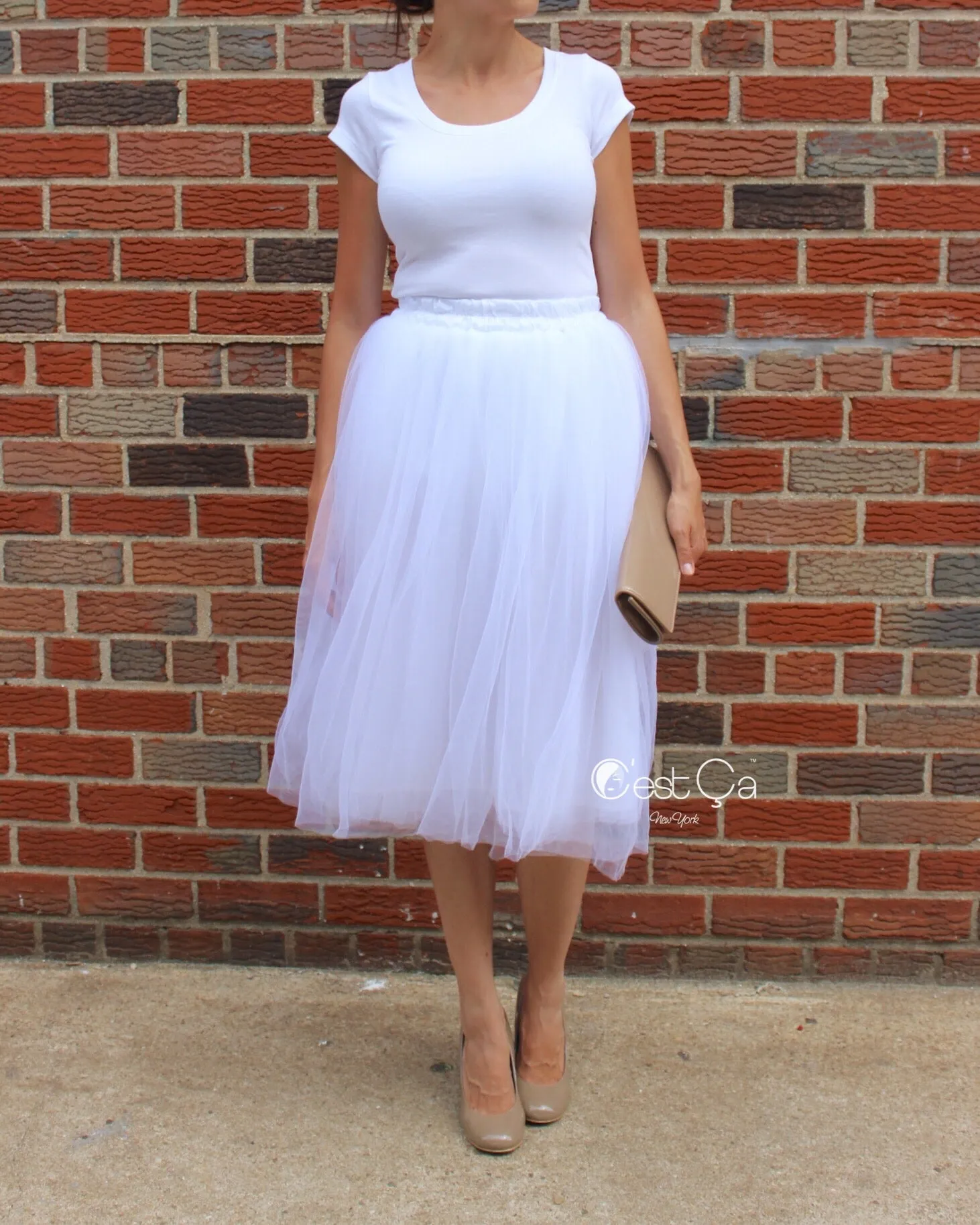 Claire White Soft Tulle Skirt - Below Knee Midi