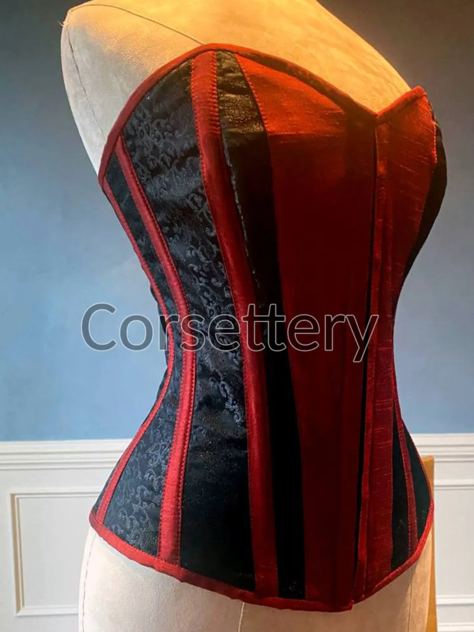 Classic black brocade corset with red taffeta and hidden busk. Gothic Victorian, steampunk affordable corset