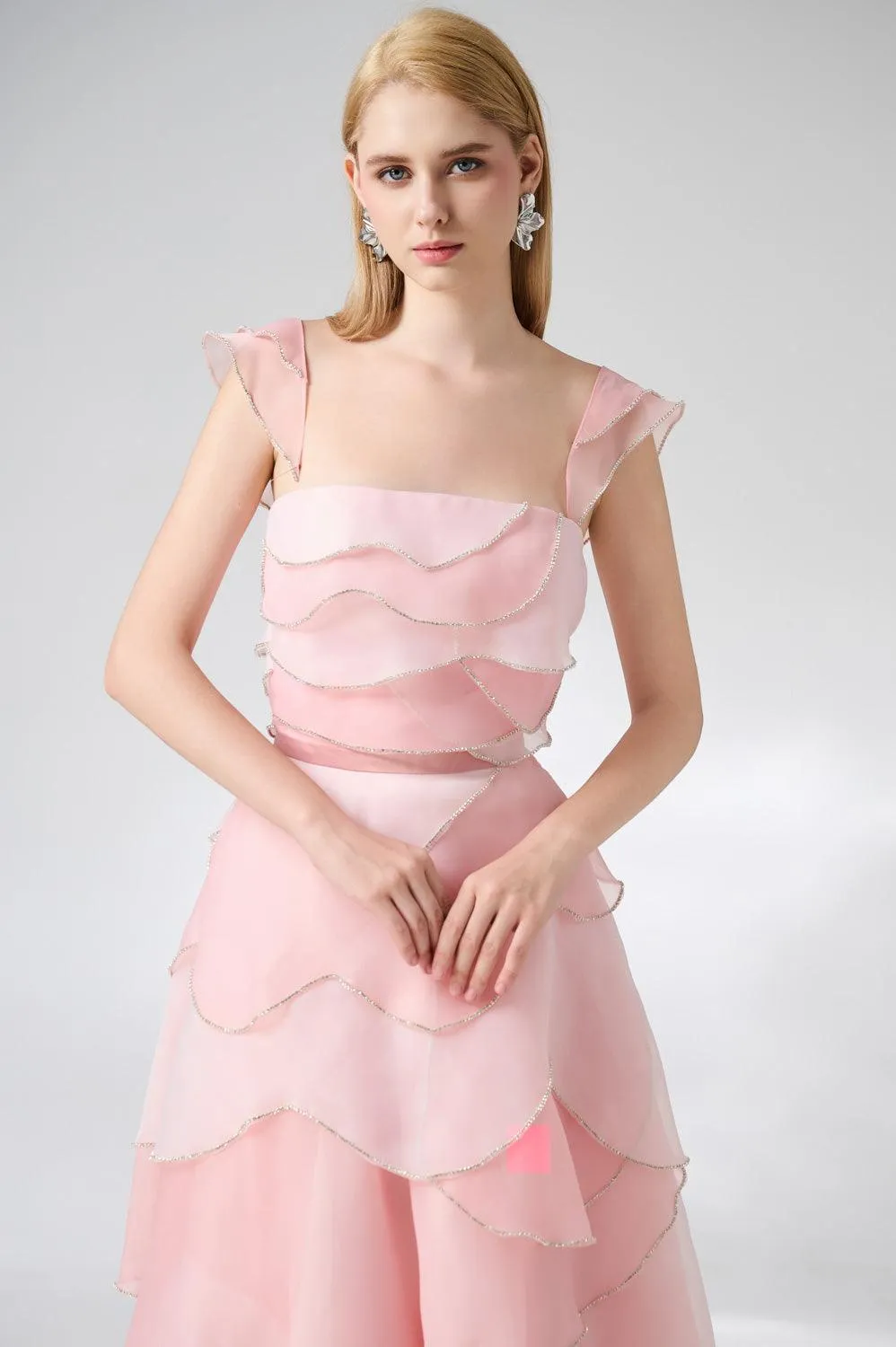 Copeland Layered Cap Sleeved Organza Ankle Length Dress