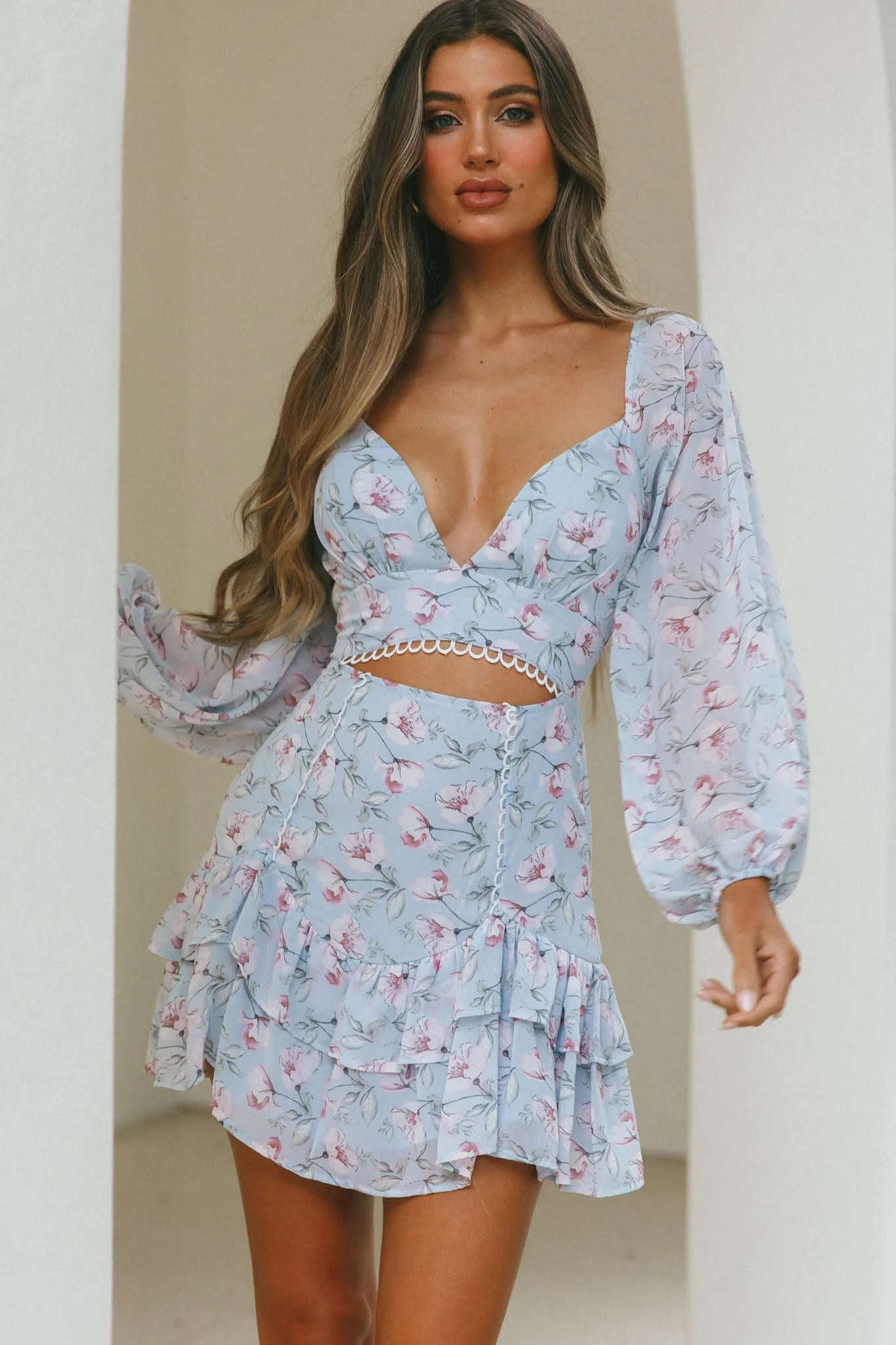 Dearly Beloved Balloon Sleeve Layered Frill Hem Dress Flower Print Blue