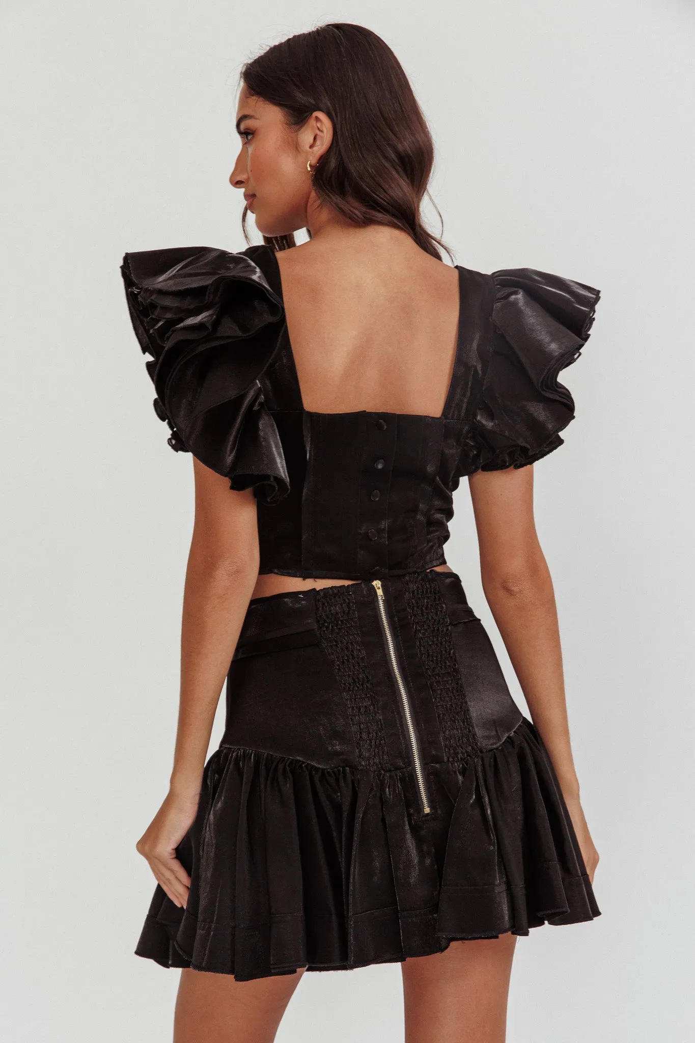 Debutante Ruffle Sleeve Crop Top Black