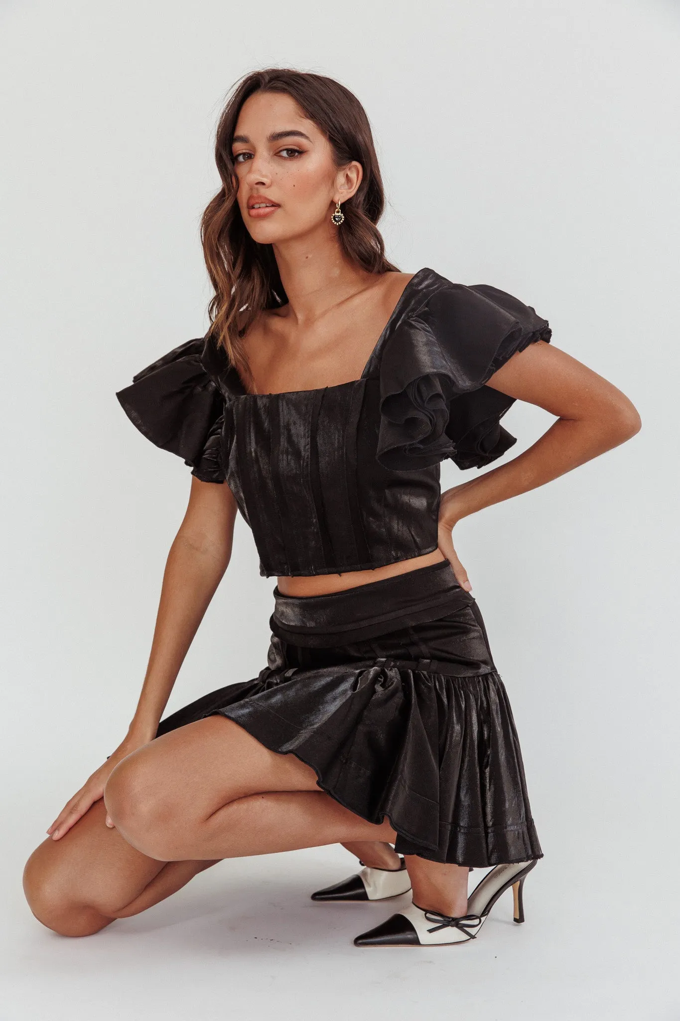 Debutante Ruffle Sleeve Crop Top Black