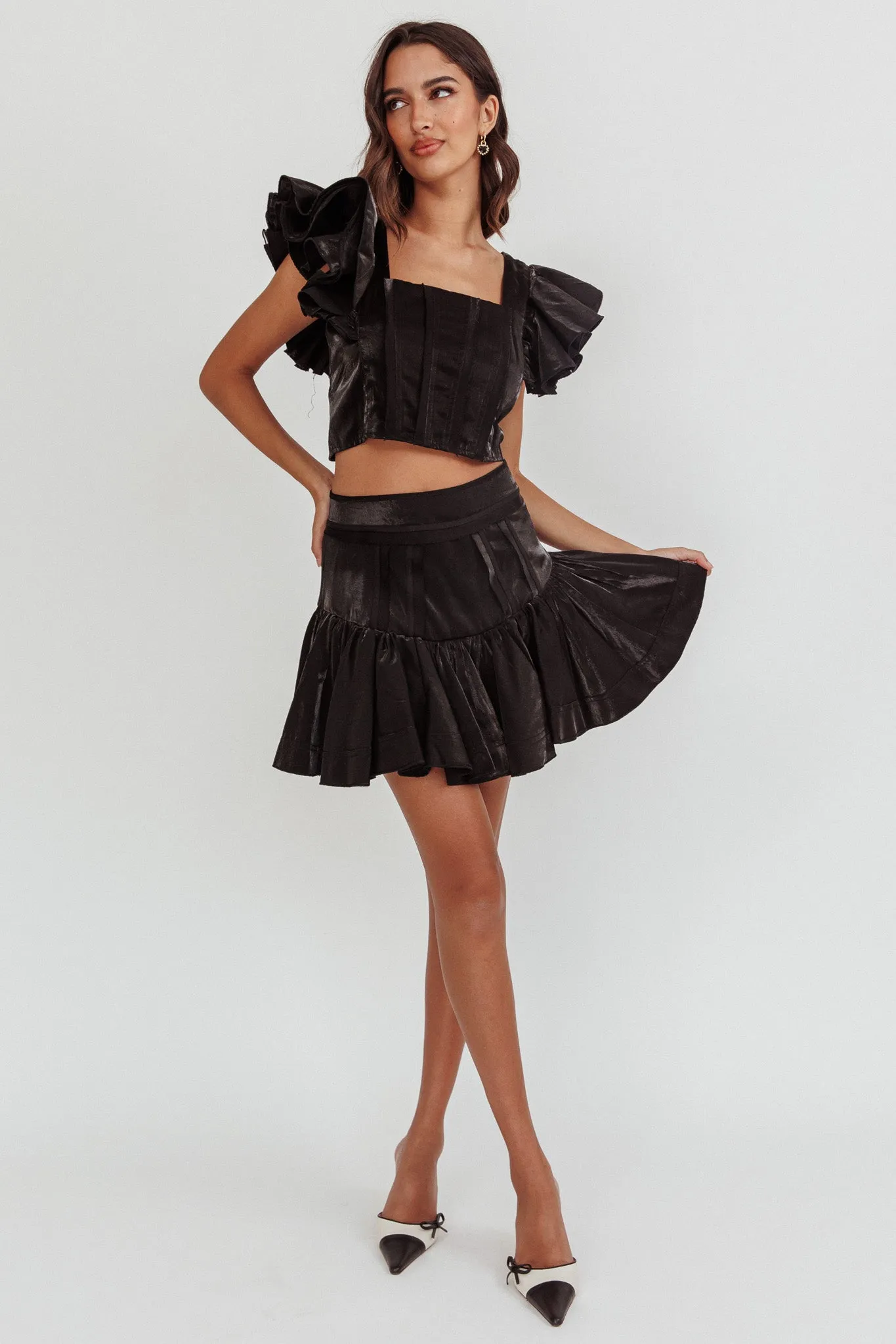 Debutante Ruffle Sleeve Crop Top Black