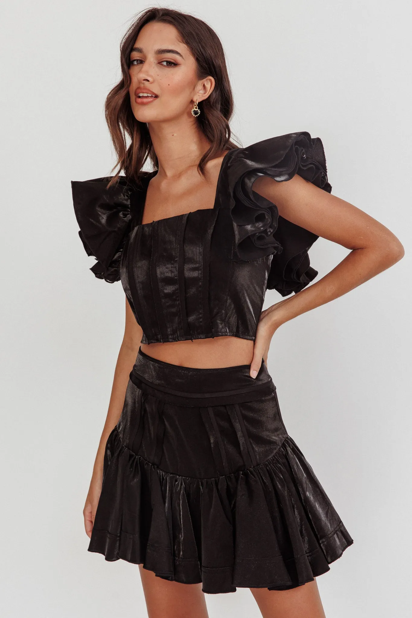 Debutante Ruffle Sleeve Crop Top Black