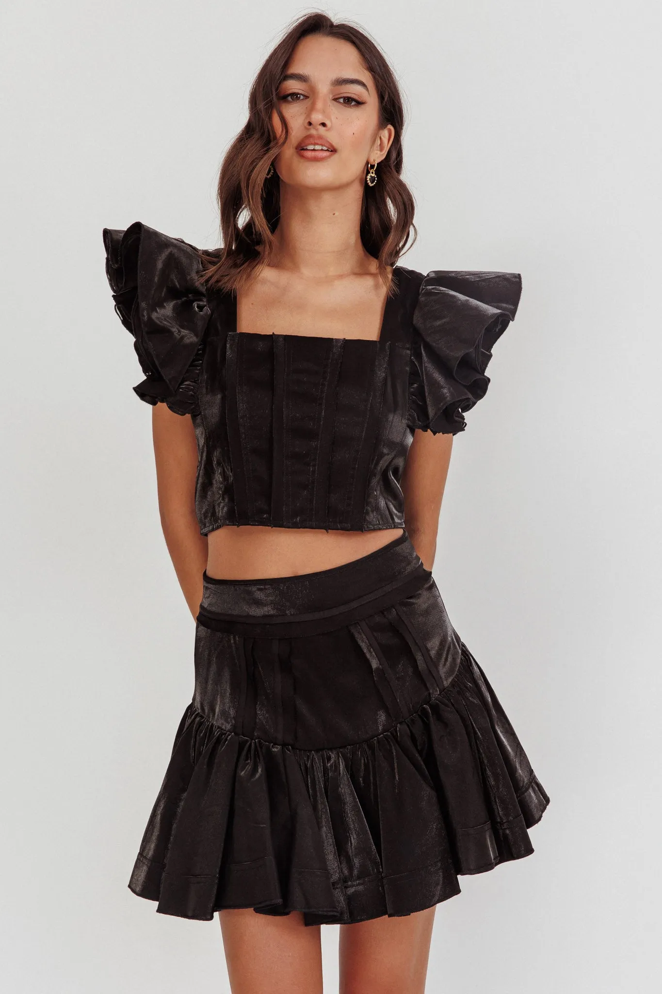 Debutante Ruffle Sleeve Crop Top Black